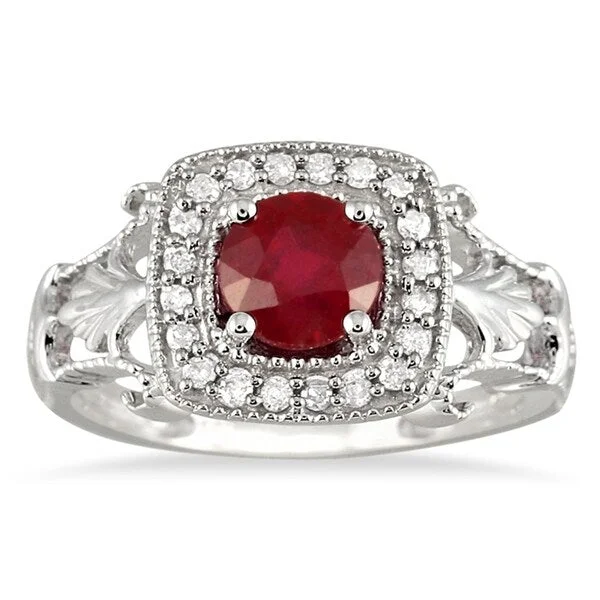 Women’s unique wedding rings-1 Carat Ruby and Diamond Antique Halo Ring in 10K White Gold