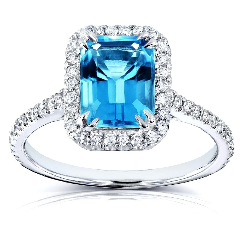 Women’s promise rings-Annello by Kobelli 14k White Gold 1 3/4ct TGW Emerald Cut Swiss Blue Topaz and Diamond Halo Gemstone Ring