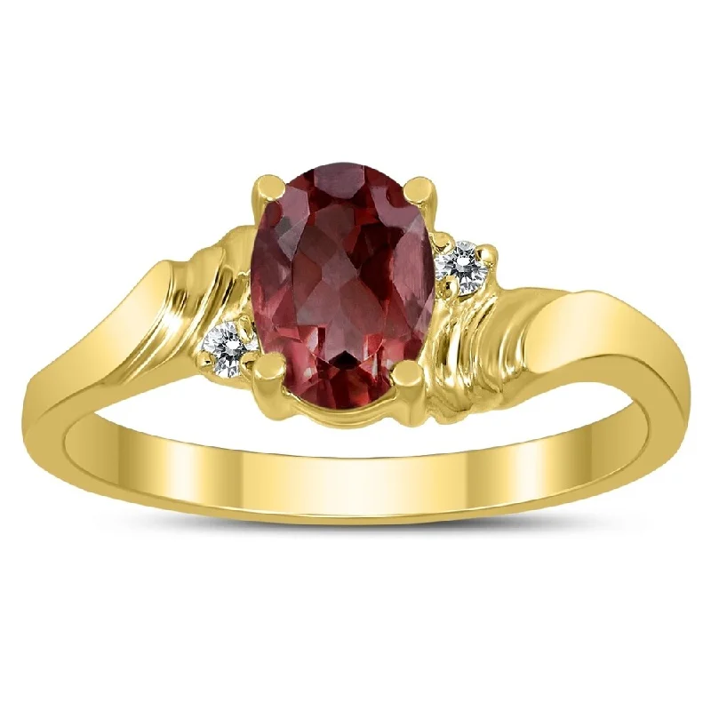 Women’s vintage style rings-7X5MM Garnet and Diamond Wave Ring in 10K Yellow Gold