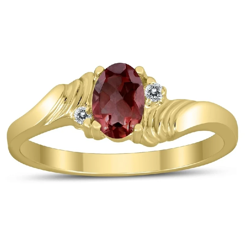 Women’s rose gold engagement rings-6X4MM Garnet and Diamond Wave Ring in 10K Yellow Gold