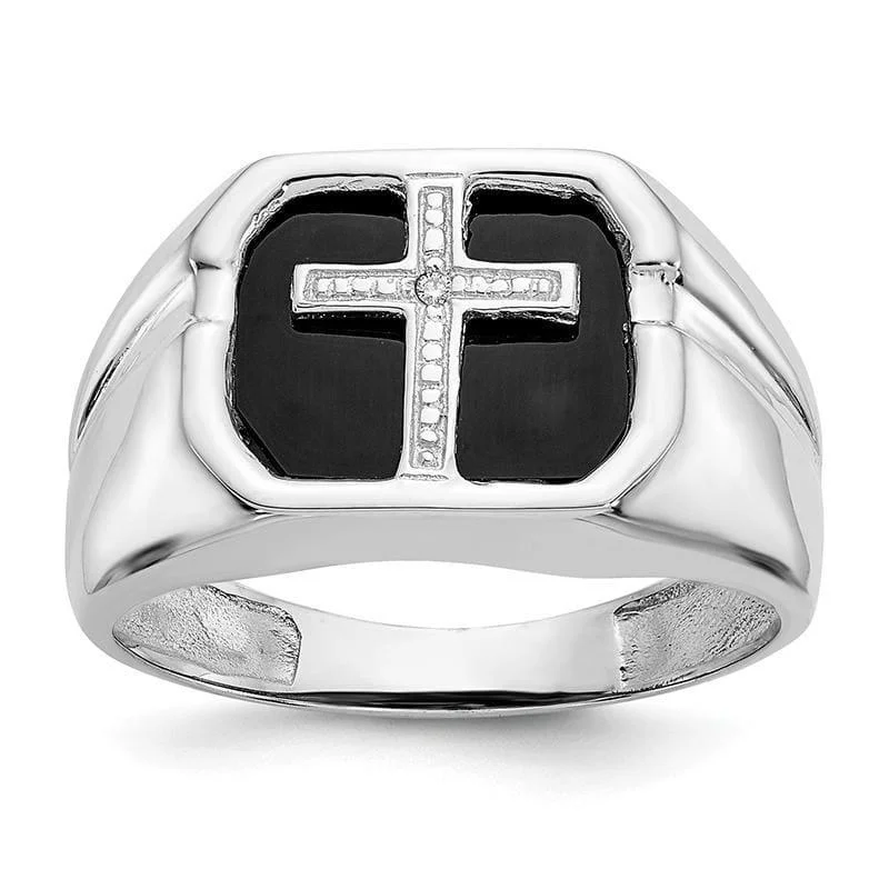 Women’s wedding sets-14k White Gold Mens Onyx Diamond Cross Designed Ring