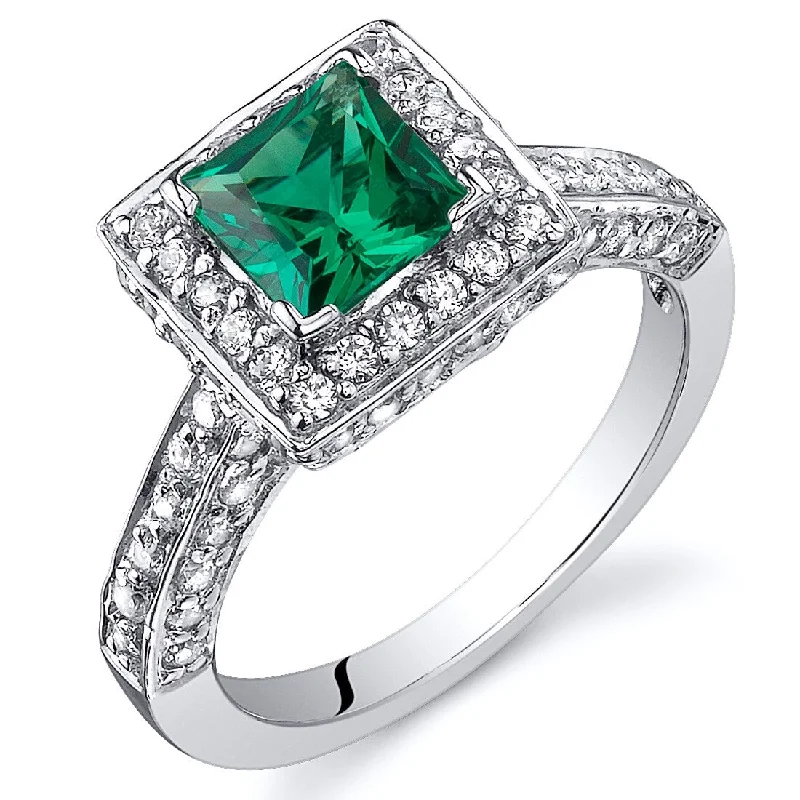 Women’s contemporary rings-Sterling Silver 0.75 ct Created Emerald Halo Ring