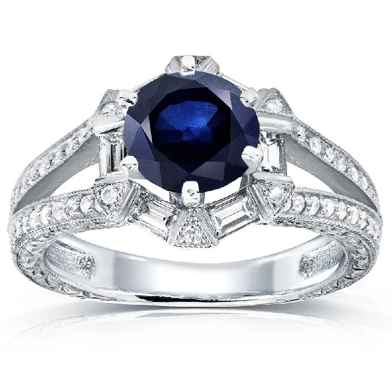 Women’s personalized rings-Annello by Kobelli 14k White Gold Blue Sapphire and 1/2ct TDW Diamond Art Deco Ring (G-H,