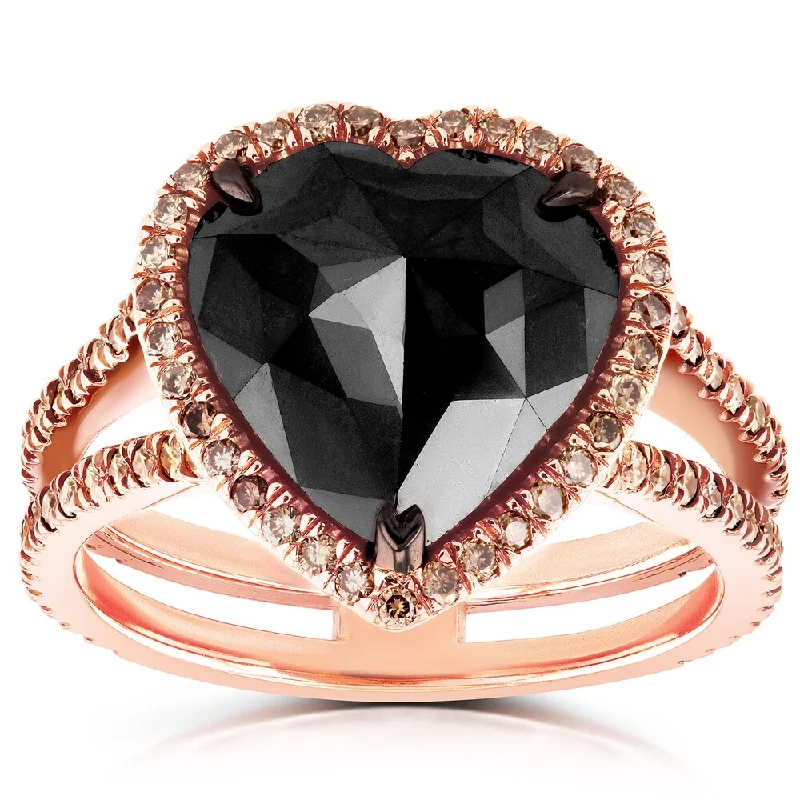 Women’s halo rings-Annello by Kobelli 18k Rose Gold 5ct TDW Black and Brown Diamond Heart Halo Double Shank Ring - Size