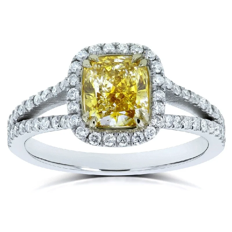 Women’s elegant rings-Annello by Kobelli 18k Two Tone Gold 1 3/5ct TDW GIA Certified Fancy Vivid Yellow Cushion Diamond Halo Split Shank Ring