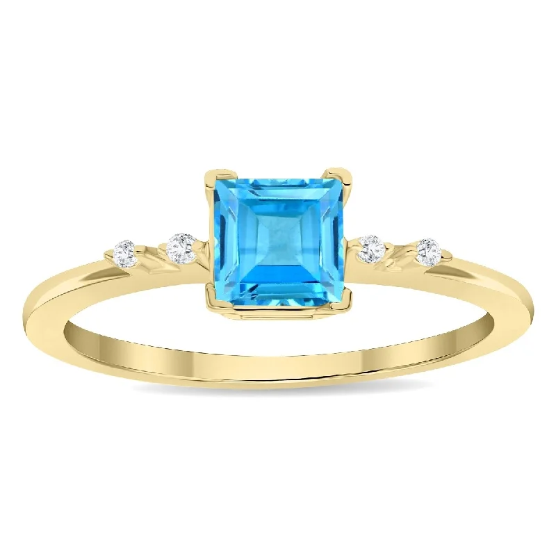 Women’s cocktail rings-Women's Square Shaped Blue Topaz and Diamond Sparkle Ring in 10K Yellow Gold