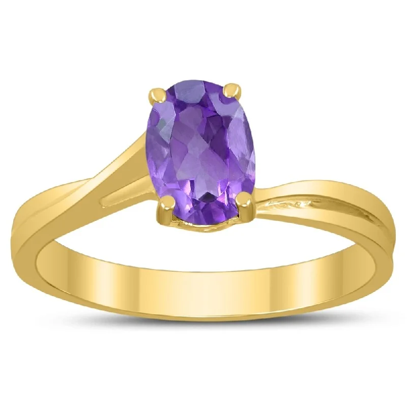 Women’s heirloom rings-Solitaire Oval 7X5MM Amethyst Gemstone Twist Ring in 10K Yellow Gold