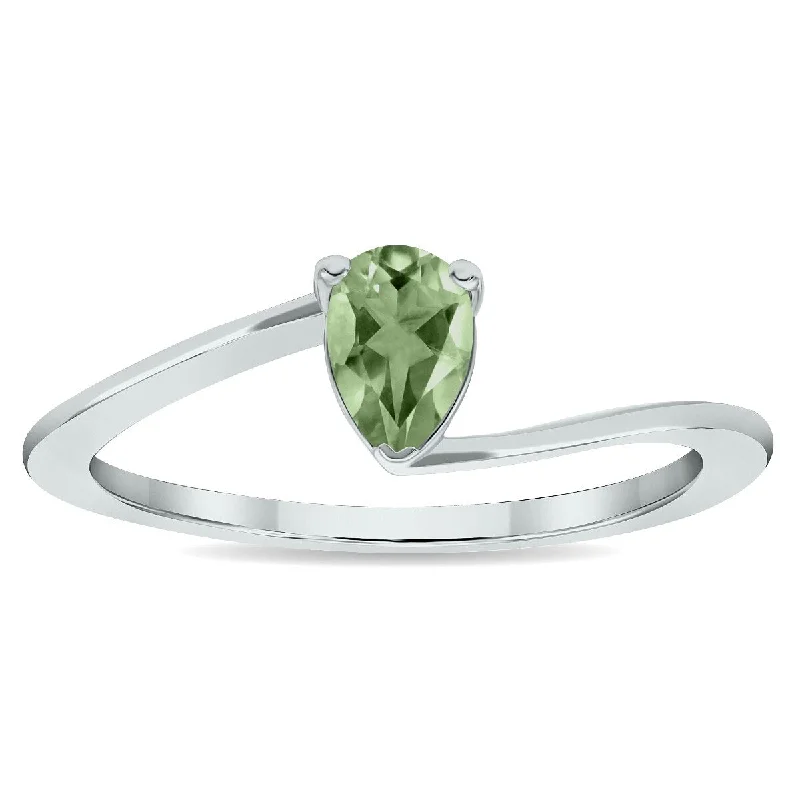 Women’s pear-shaped rings-Women's Solitaire Green Amethyst Wave Ring in 10K White Gold