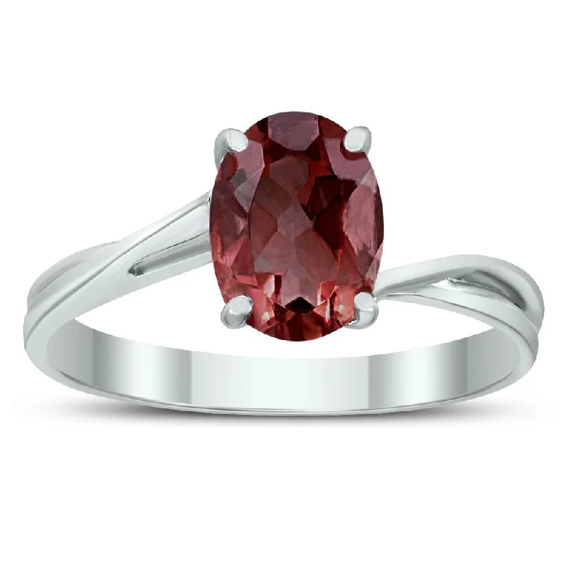 Women’s twisted rings-Solitaire Oval 8X6MM Garnet Gemstone Twist Ring in 10K White Gold