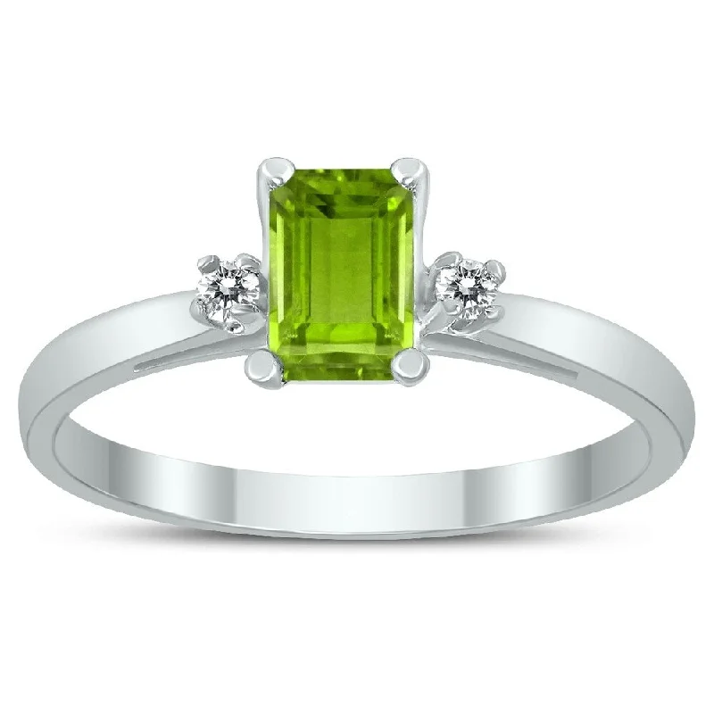 Women’s rose gold wedding rings-Emerald Cut 6X4MM Peridot and Diamond Three Stone Ring in 10K White Gold