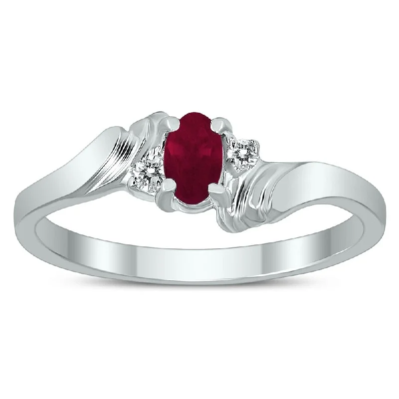 Women’s men’s rings for women-5X3MM Ruby and Diamond Wave Ring in 10K White Gold