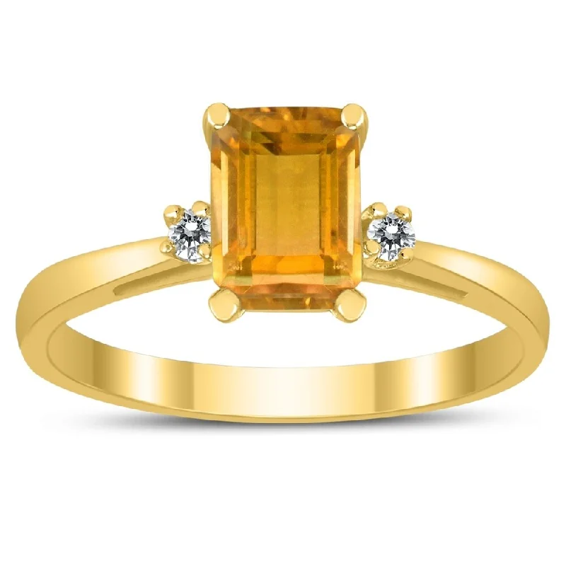 Women’s classic wedding rings-Emerald Cut 7X5MM Citrine and Diamond Three Stone Ring in 10K Yellow Gold