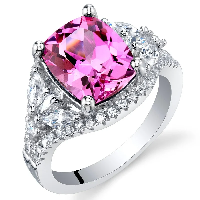 Women’s cluster rings-Sterling Silver 4 ct Created Pink Sapphire Birthstone Ring