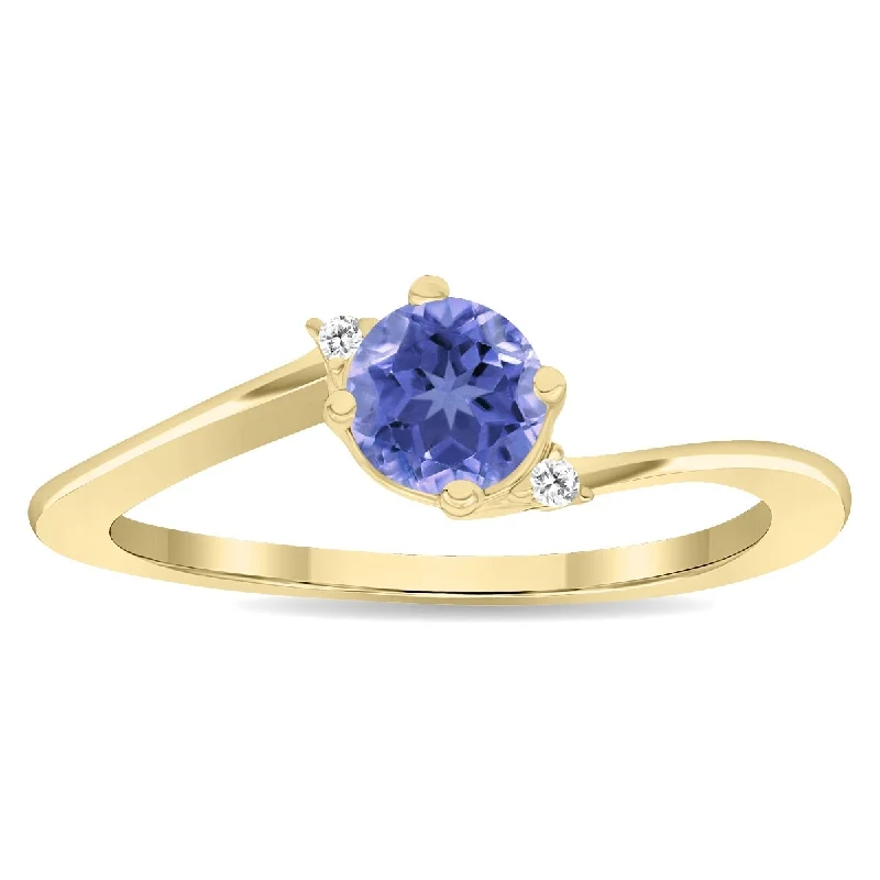 Women’s engraved rings-Women's Round Shaped Tanzanite and Diamond Wave Ring in 10K Yellow Gold