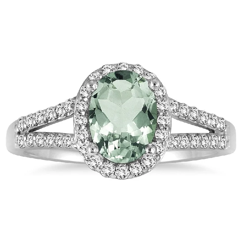 Women’s opal rings-1 1/4 Carat Oval Green Amethyst and Diamond Ring in 10K White Gold