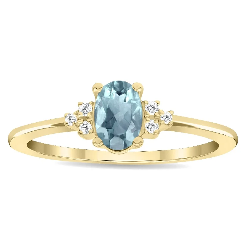 Women’s ring with emeralds-Women's Oval Shaped Aquamarine and Diamond Half Moon Ring in 10K Yellow Gold