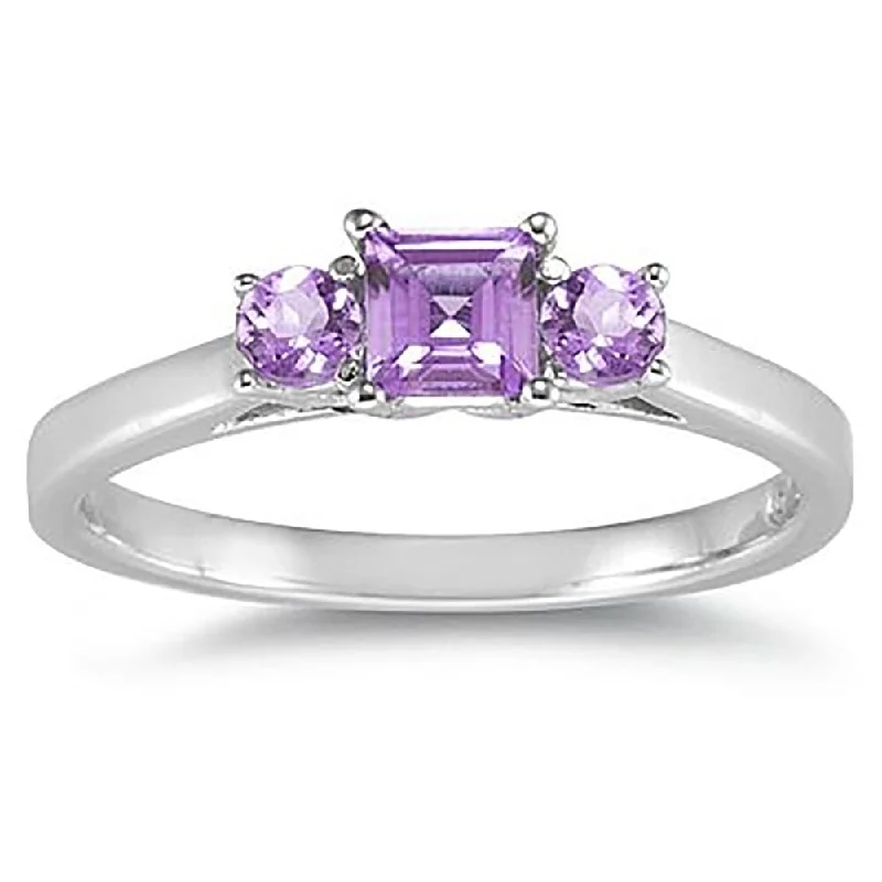 Women’s art nouveau rings-3 Stone Amethyst Ring 14K White Gold