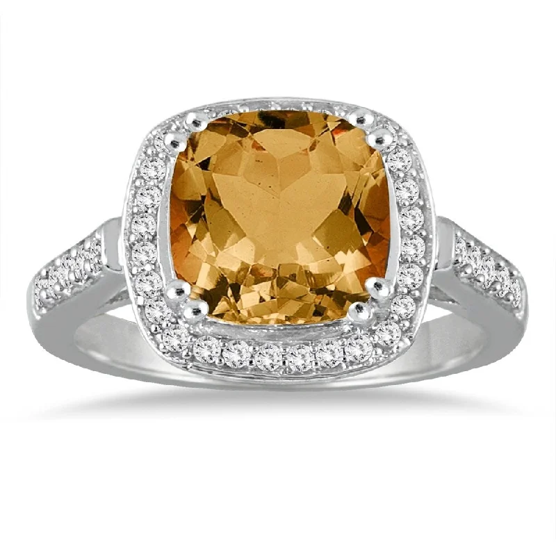 Women’s sapphire engagement rings-3 1/2 Carat Cushion Cut Citrine and Diamond Ring in 14K White Gold