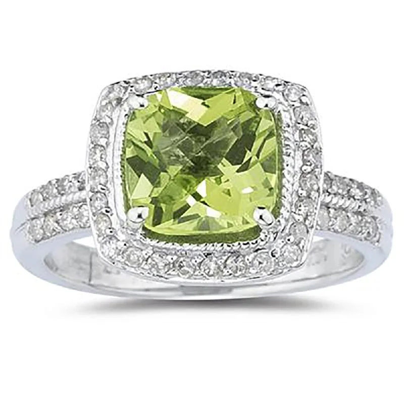 Women’s cubic zirconia rings-2 1/2 Carat Cushion Cut Peridot & Diamond Ring in 14K White Gold