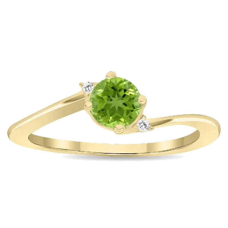 Women’s polished rings-Women's Round Shaped Peridot and Diamond Wave Ring in 10K Yellow Gold