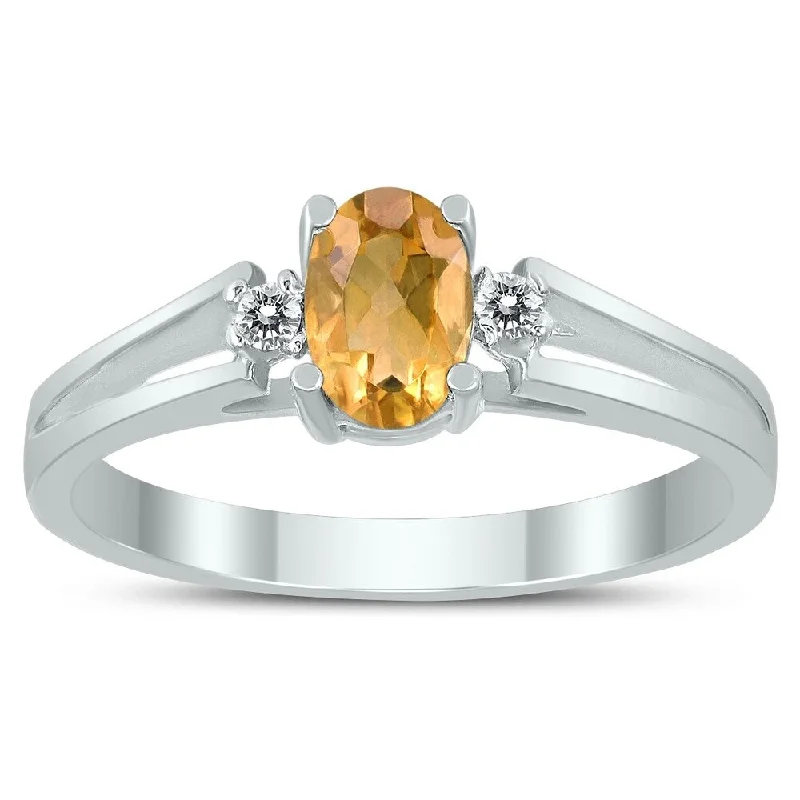 Women’s gold engagement rings-6X4MM Citrine and Diamond Open Three Stone Ring in 10K White Gold