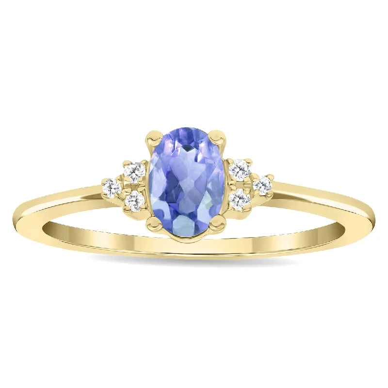 Women’s solitaire rings-Women's Oval Shaped Tanzanite and Diamond Half Moon Ring in 10K Yellow Gold