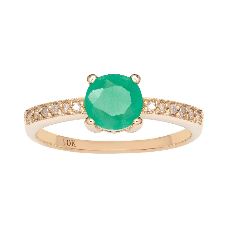 Women’s fashion rings-Viducci 10k Yellow Gold Genuine Round Emerald and Diamond Ring