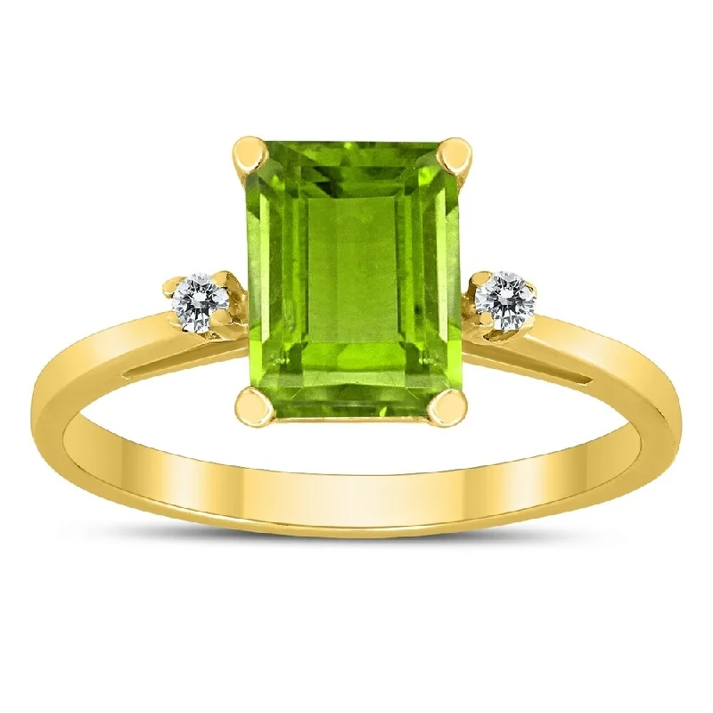 Women’s elegant rings-Emerald Cut 8X6MM Peridot and Diamond Three Stone Ring in 10K Yellow Gold