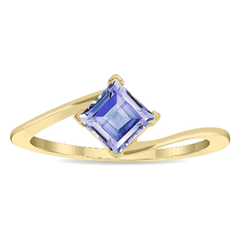 Women’s gold plated rings-Women's Solitaire Square Shaped Tanzanite Wave Ring in 10K Yellow Gold