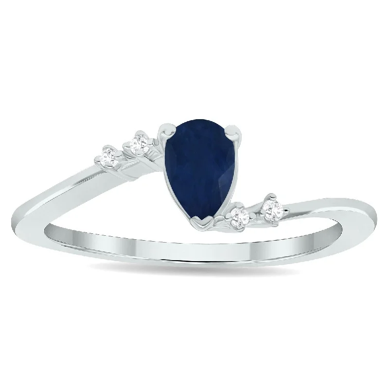 Women’s cocktail rings-Women's Sapphire and Diamond Wave Ring in 10K White Gold