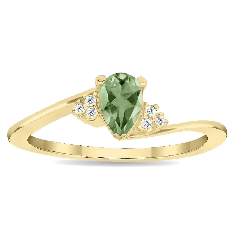 Women’s engraved wedding rings-Women's Pear Shaped Green Amethyst and Diamond Tierra Ring in 10K Yellow Gold