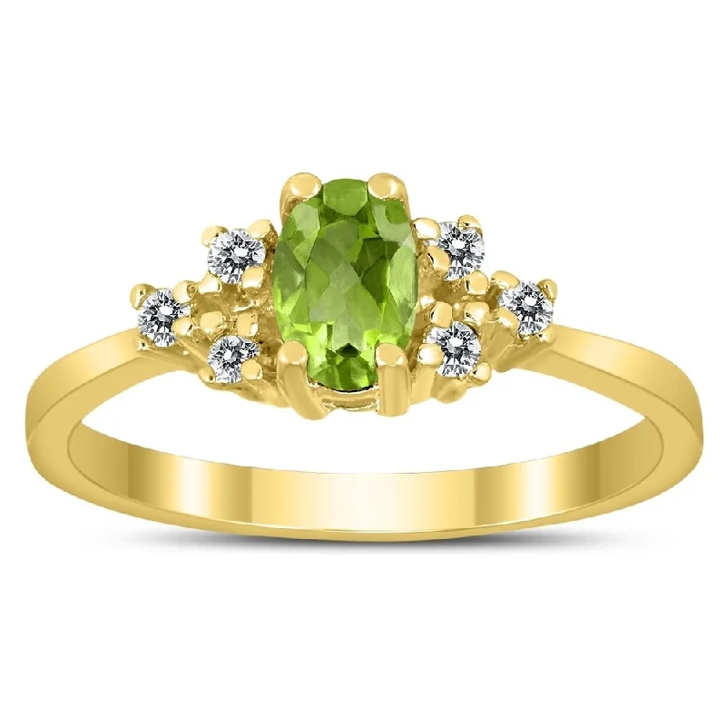 Women’s halo engagement rings-6X4MM Peridot and Diamond Regal Ring in 10K Yellow Gold