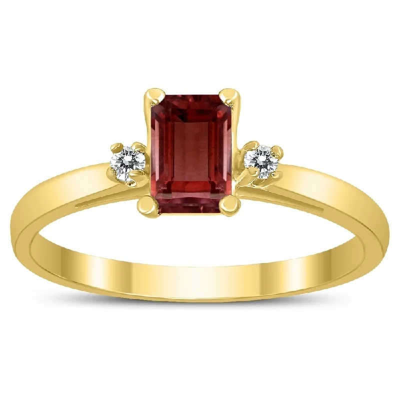 Women’s custom-designed rings-Emerald Cut 6X4MM Garnet and Diamond Three Stone Ring in 10K Yellow Gold