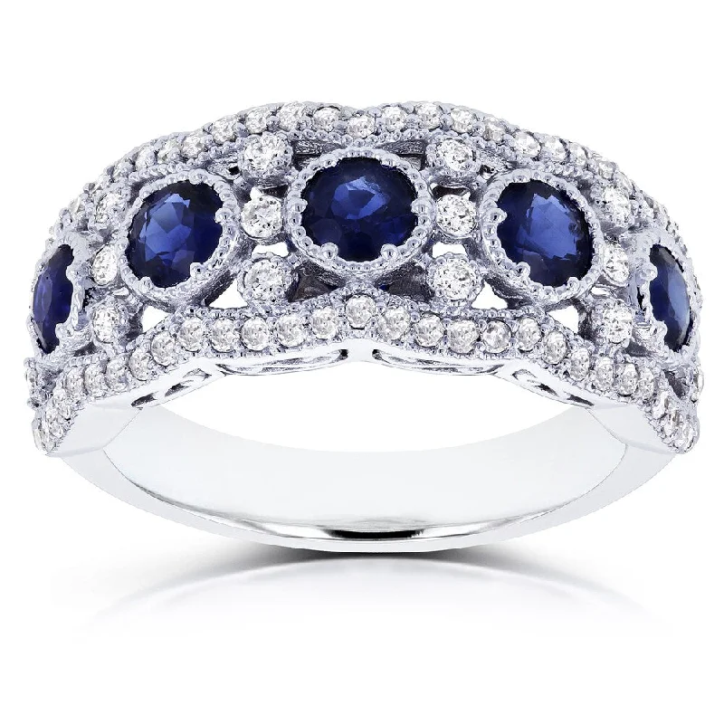 Women’s colorful gemstone rings-Annello by Kobelli 10k White Gold 1 1/2ct TGW Blue Sapphire and Diamond Anniversary Ring