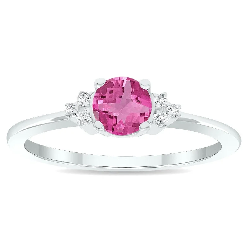 Women’s fine diamond rings-Women's Pink Topaz and Diamond Half Moon Ring in 10K White Gold