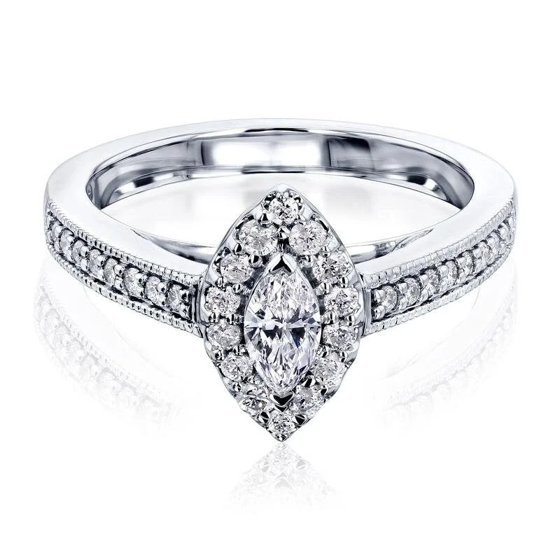 Women’s wedding sets-Annello by Kobelli 10k White Gold The Marquise Halo Diamond Ring (HI/SI, HI/I)