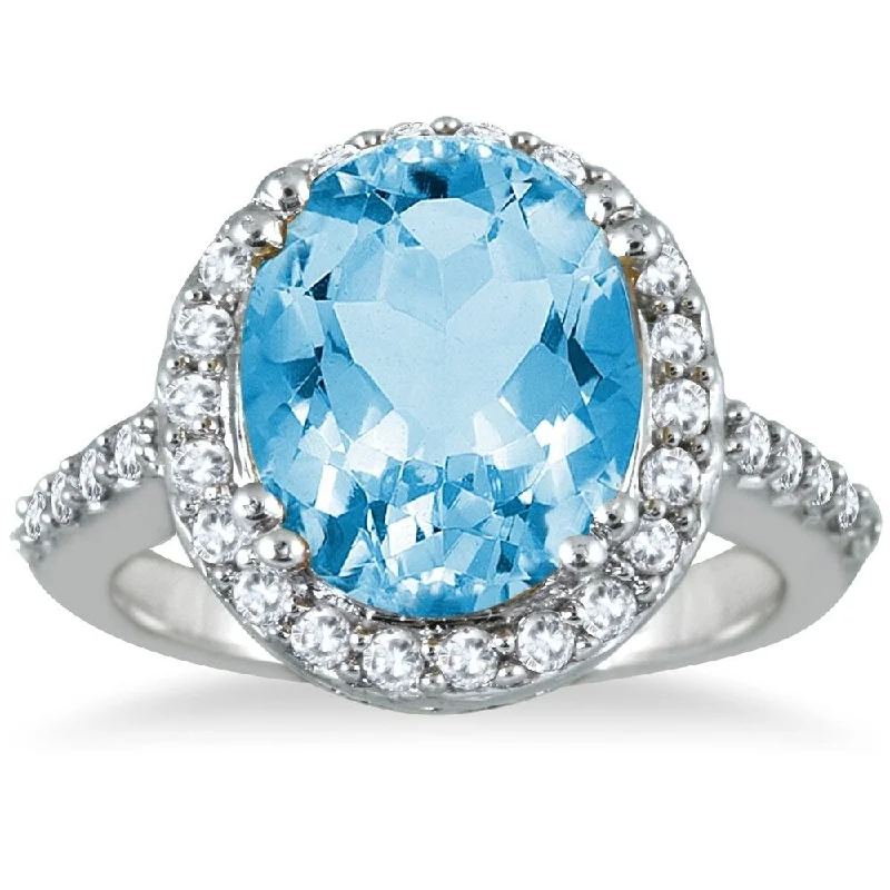 Women’s colorful gemstone rings-5 Carat Blue Topaz and Diamond Ring in 14K White Gold