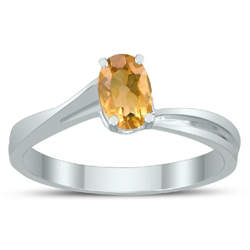 Women’s vintage rings-Solitaire Oval 6X4MM Citrine Gemstone Twist Ring in 10K White Gold