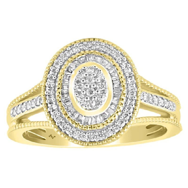 Women’s engraved wedding rings-LADIES RING 0.33CT ROUND/BAGUETTE DIAMOND 10K YELLOW GOLD