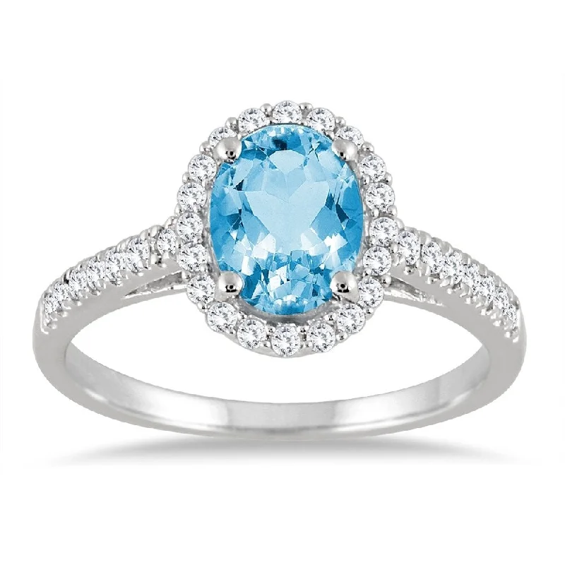 Women’s engraved rings-Blue Topaz and Diamond Halo Ring in 10K White Gold