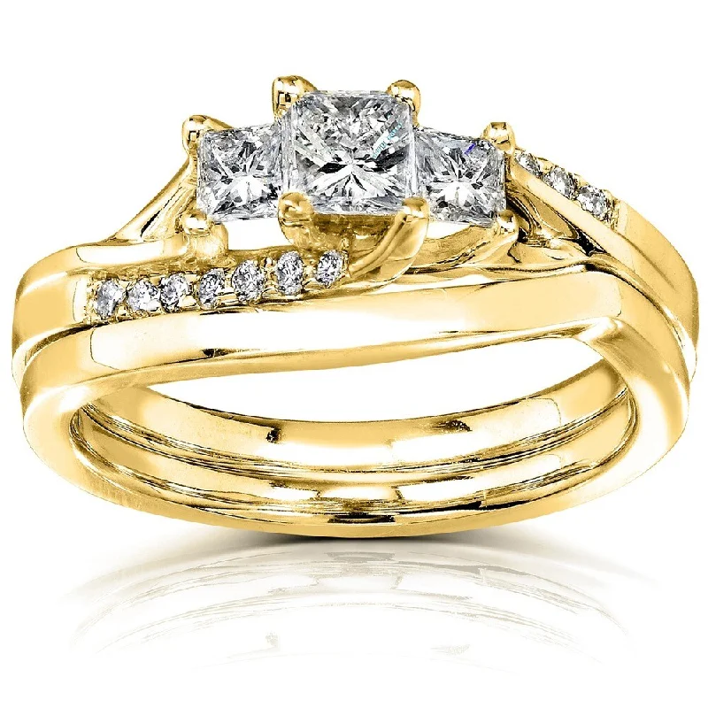 Women’s chunky rings-Annello by Kobelli 14k Yellow Gold 1/2ct TDW Princess Diamond Curved Three Stone Bridal Ring Set