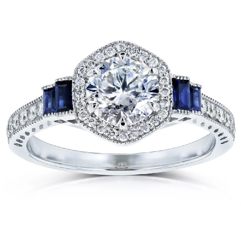 Women’s cluster rings-Annello by Kobelli 14k White Gold 1 1/2ct TGW Diamond and Sapphire 6-prong Halo Art Deco Ring