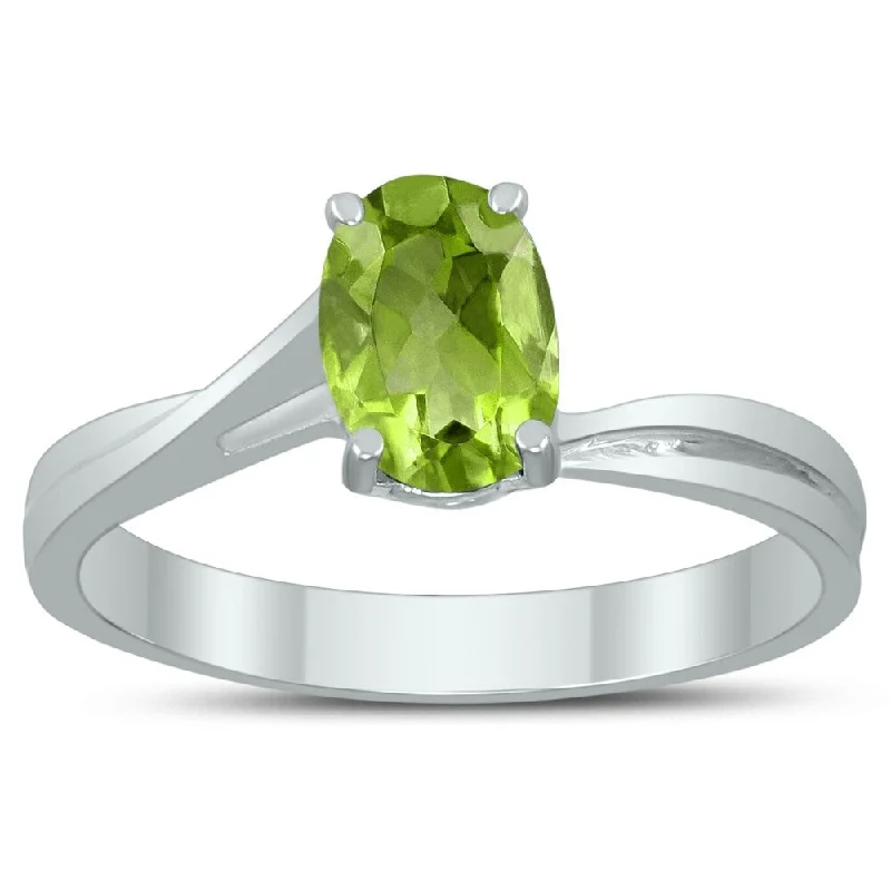 Women’s sterling silver rings-Solitaire Oval 7X5MM Peridot Gemstone Twist Ring in 10K White Gold