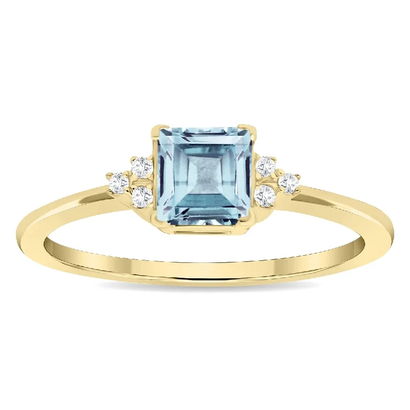 Women’s promise rings-Women's Square Shaped Aquamarine and Diamond Half Moon Ring in 10K Yellow Gold