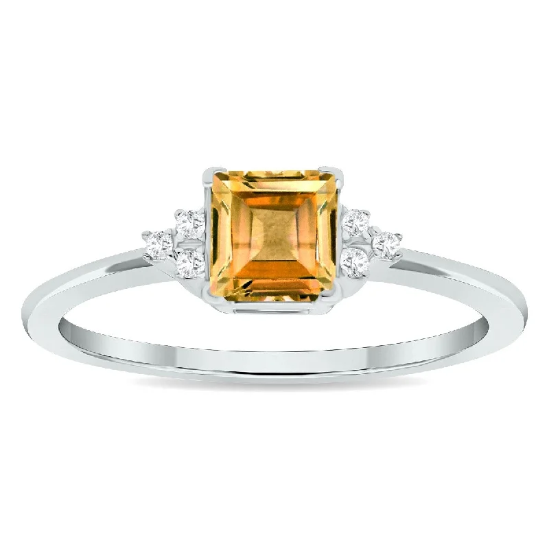 Women’s classic rings-Women's Princess Cut Citrine and Diamond Half Moon Ring in 10K White Gold