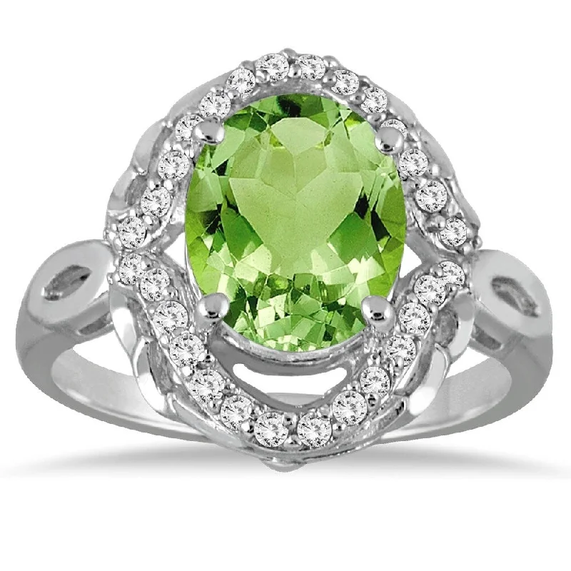 Women’s artistic rings-3 1/2 Carat Oval Peridot and Diamond Ring in 10K White Gold