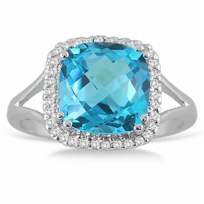 Women’s silver engagement rings-5 1/4 Carat Cushion Cut Blue Topaz and Diamond Ring in 14k White Gold