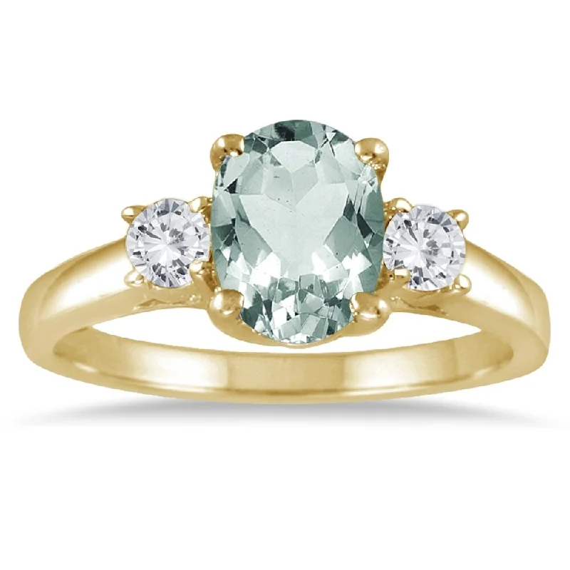 Women’s silver rings-1 3/4 Carat Green Amethyst and Diamond Three Stone Ring 14K Yellow Gold