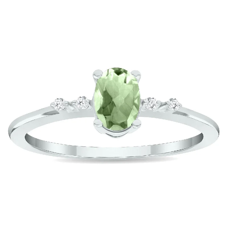 Women’s engraved wedding rings-Women's Green Amethyst and Diamond Sparkle Ring in 10K White Gold