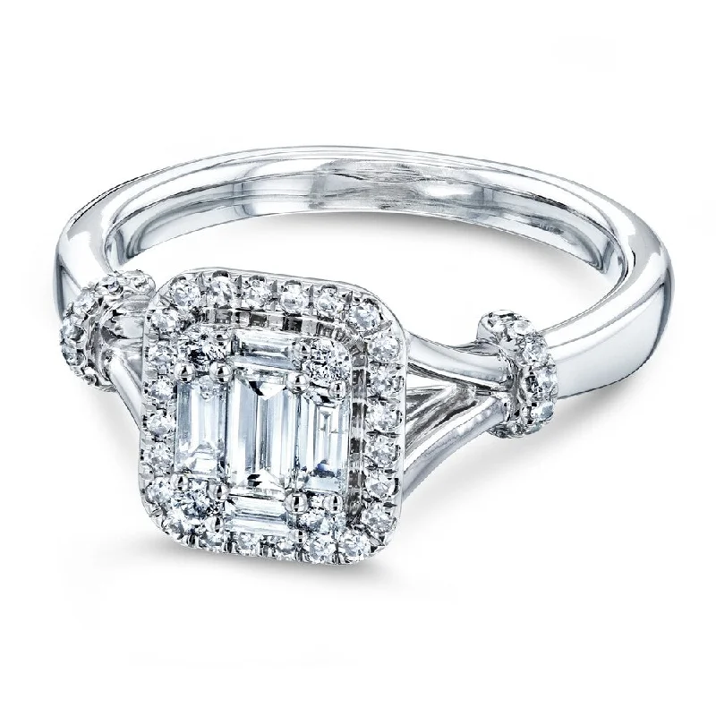 Women’s vintage engagement rings-Annello by Kobelli 10k White Gold 1/2 Carat TDW Rectangular Clustuer Baguette Diamond Halo Split Shank Bow Accent Ring